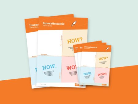 Twee gedrukte Innovatiematrix posters en keuzekaartjes in de Ynnovate-huisstijl