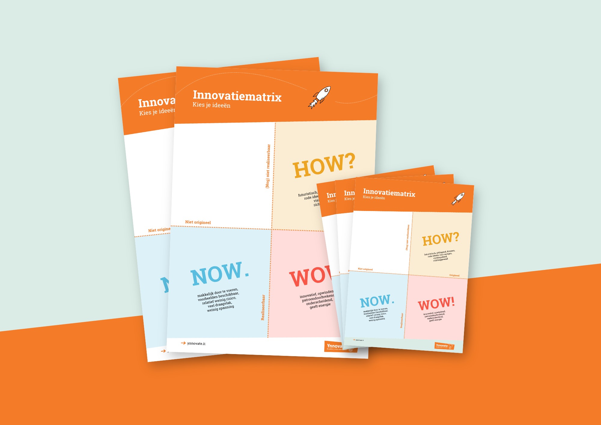 Twee gedrukte Innovatiematrix posters en keuzekaartjes in de Ynnovate-huisstijl